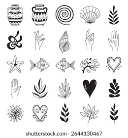 This design features an abstract composition incorporating swirling spirals, seashells, stylized plant life, hands, and hearts.