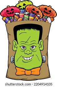 Este diseño presenta una bolsa llena de dulces de halloween con cara frankenstein en la parte delantera.