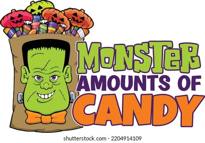 Este diseño presenta una bolsa llena de dulces de halloween con cara frankenstein en el frente con la expresión de cantidades monstruosas de dulces.