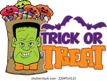 Este diseño cuenta con una bolsa llena de dulces de halloween con cara frankenstein en la parte delantera y el truco o tratamiento de expresión.