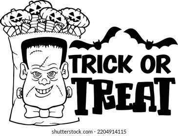 Este diseño cuenta con una bolsa llena de dulces de halloween con cara frankenstein en la parte delantera y el truco o tratamiento de expresión.