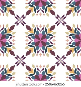 This design features a beautifully symmetrical floral pattern, with large, kaleidoscopic flower motifs as the central element. Each flower is composed of layered petals in rich, muted tones of purple