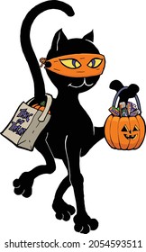 In diesem Design befindet sich eine schwarze Katze in einem Ninja-Outfit, die einen Trick oder einen Leckerbissen trägt. 