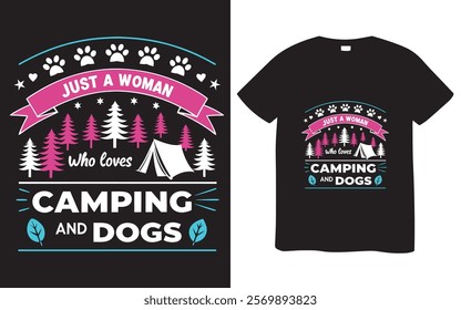 This design features a black t-shirt with a graphic of a campsite scene including a tent, trees, and paw prints.