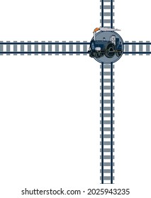This design features a blue Victorian train enclosed in a light blue circle with railroad track stripes. 