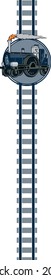 Este diseño cuenta con un tren victoriano azul encerrado en un círculo azul claro con rayas de vías férreas. 