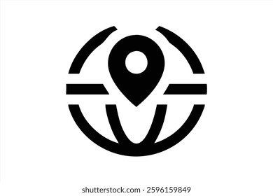 This design features a bold black location pin centralized on a stylized globe. The pin signifies navigation, travel, or mapping. The simple lines and shapes create a modern appearance.