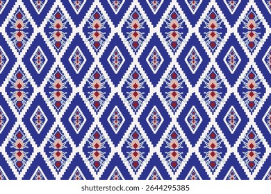 This design features bold diamond motifs in deep blue, accented with red and white geometric details. The sharp contrasts and rhythmic layout give it a lively and traditional woven fabric appearance.