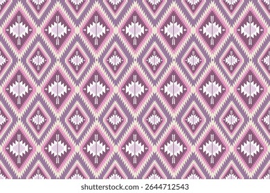 This design features bold diamond motifs in deep pink, accented with  white geometric details. The sharp contrasts and rhythmic layout give it a lively and traditional woven fabric appearance.