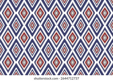 This design features bold diamond motifs in deep blue, accented with red and white geometric details. The sharp contrasts and rhythmic layout give it a lively and traditional woven fabric appearance.