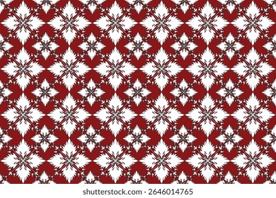 This design features a bold red background with symmetrical white floral diamonds. The high contrast and rhythmic pattern give it a striking, traditional textile appeal.