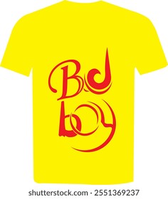 Este diseño presenta una camiseta amarilla con la frase "Bad Boy" prominentemente mostrada en la parte delantera. El vibrante color amarillo de la camiseta le da un aspecto enérgico y llamativo.