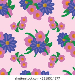 This design features bouquets of pink flowers and blue and purple daisies placed on a pink background to create this seamless repeat pattern.