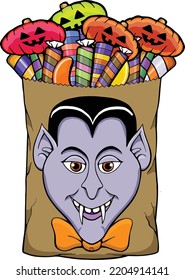 Este diseño presenta una bolsa marrón llena de caramelos y una cara de vampiro en la parte delantera.