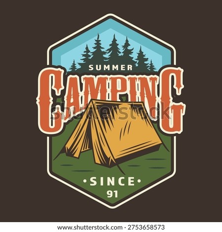 This design features a camping tent set in a green area with trees in the background. The words summer camping and since 91 are displayed prominently in bold letters.