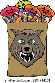 Este diseño cuenta con una bolsa de caramelo llena de dulces con un lobo en la parte delantera.