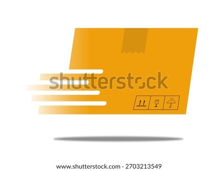 This design features a cardboard box with motion effects, a subtle shadow, and fragile handling symbols.