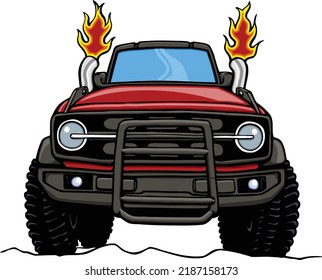 Dieses Design verfügt über einen Cartoon 4x4-Suv aus der vorderen Sicht mit brennenden Abgasrohren.