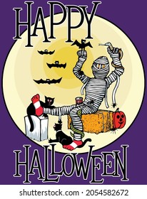 This design features a cartoon mummy in front of a yellow moon with a whole bunch of critters with the text happy halloween. 