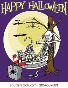 This design features a cartoon skeleton with halloween critters and the text that reads happy halloween. 