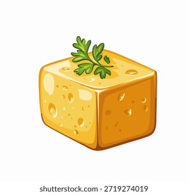 Este diseño presenta un cubo de caldo de estilo de dibujos animados sobre un fondo blanco liso. Textura brillante y tiene una guarnición verde fresca colocada encima. Este ícono de Vector es simple y adecuado para varios proyectos de Diseño gráfico, incluyendo temas relacionados con la comida o recetas. Las líneas claras y los colores llamativos facilitan la incorporación en diferentes diseños, anuncios o menús