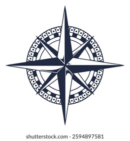 This design features a classic compass rose with eight cardinal points. Its clean lines and symmetry create an attractive element suitable for nautical themes and navigation.