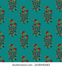 This design features a classic floral bouquet motif commonly seen in traditional textiles.