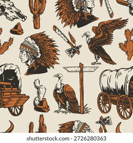 Este diseño presenta una colección de Elementos temáticos occidentales que incluyen imágenes y vagones de aves cactus nativas americanas. El arte refleja el espíritu del Salvaje Oeste.
