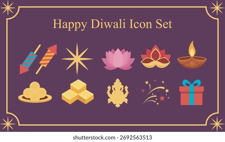 This design features a colorful Diwali-themed icon set, showcasing traditional symbols. Capturing its festive and spiritual essence.