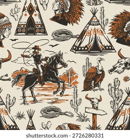 Este design apresenta um cowboy a cavalo motivos nativos americanos cactos e cenas de deserto. Ele apresenta uma mistura de culturas e vida selvagem em um estilo vibrante e detalhado.