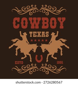 This design features cowboys on horseback embracing Texas culture. It includes decorative elements and highlights the year established representing a western theme.