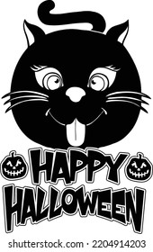 This design features a cute black cat with the expression happy halloween and a couple of pumpkins.