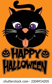 This design features a cute black cat with the expression happy halloween and a couple of pumpkins.