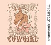 This design features a detailed illustration of a horse with a flowing mane surrounded by floral decorations. It captures the essence of cowboy culture and style.