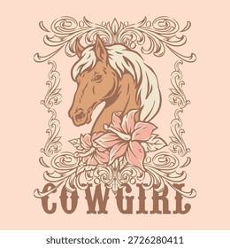 Este design apresenta uma ilustração detalhada de um cavalo com uma juba fluente cercada por decorações florais. Ele captura a essência da cultura e estilo de cowboy.
