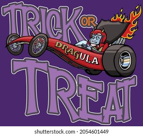 This Design Features Dracula Driving A Dragster With The Words Trick Or Treat. 