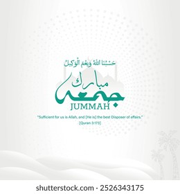 Este diseño presenta una elegante caligrafía árabe con las palabras "Mubarak Jummah" (Viernes Santo) en un estilo moderno y minimalista. El fondo incluye una sutil silueta de mezquita y un patrón decorativo