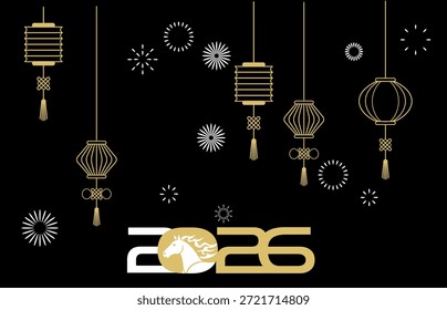 Este design apresenta elegantes lanternas de ouro e estrelas suspensas contra um fundo preto escuro O texto elegante de 2026 incorpora uma silhueta de cavalo para marcar o próximo ano lunar