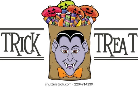 Este diseño presenta el truco de expresión o el tratamiento con una bolsa llena de dulces y la cara de un vampiro.