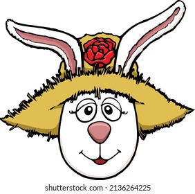 This design features a female easter bunny wearing a straw gardening hat. 