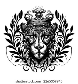This design features the fierce and regal head of a panther wearing a crown. The intricate details and bold lines evoke strength and power