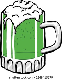 This design features a foamy green beer in a glass mug