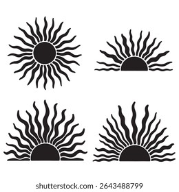This design features four unique abstract sun illustrations, rendered in a retro bohemian style. The artwork utilizes a vibrant color palette and incorporates elements