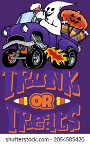 This Design Features A Ghost Driving A Classic Truck Filled With Halloween Candy With The Words Trunk Or Treat. 