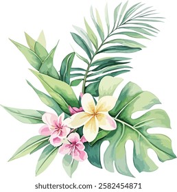 This design features hand-drawn tropical leaves and flowers in a watercolor style, with varying shades and free-flowing brushstrokes. The artwork captures the essence of nature's beauty with its whims