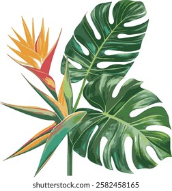 This design features hand-painted tropical leaves and bird-of-paradise flowers in a vibrant watercolor style. The artwork captures the essence of nature with its playful brush strokes,