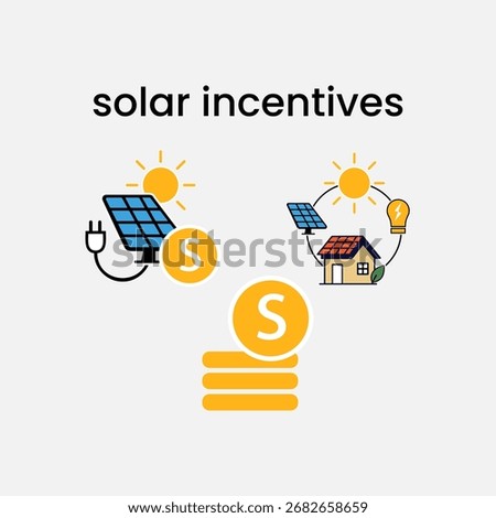 This design features illustrations of solar panels, eco-friendly homes, and financial incentive symbols.
