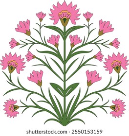 Dieses Design verfügt über indische Motive inspiriert von Mughal Kunst, präsentiert komplexe Mughal Blumenmotive und Blumendesigns in einem nahtlosen Block Druckmuster. rosafarbene Mughal Blumendesign, Motiv Stickerei.