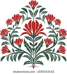 Este design apresenta motivos indianos inspirados na arte mogol, mostrando intrincados motivos florais mogóis e desenhos de flores em um padrão de impressão de bloco sem costura.