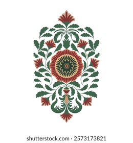 This design features Indian motifs inspired by Mughal art, showcasing intricate Mughal flower motif and flower designs in a seamless block print pattern. pink Mughal flower design, Motif embroidery